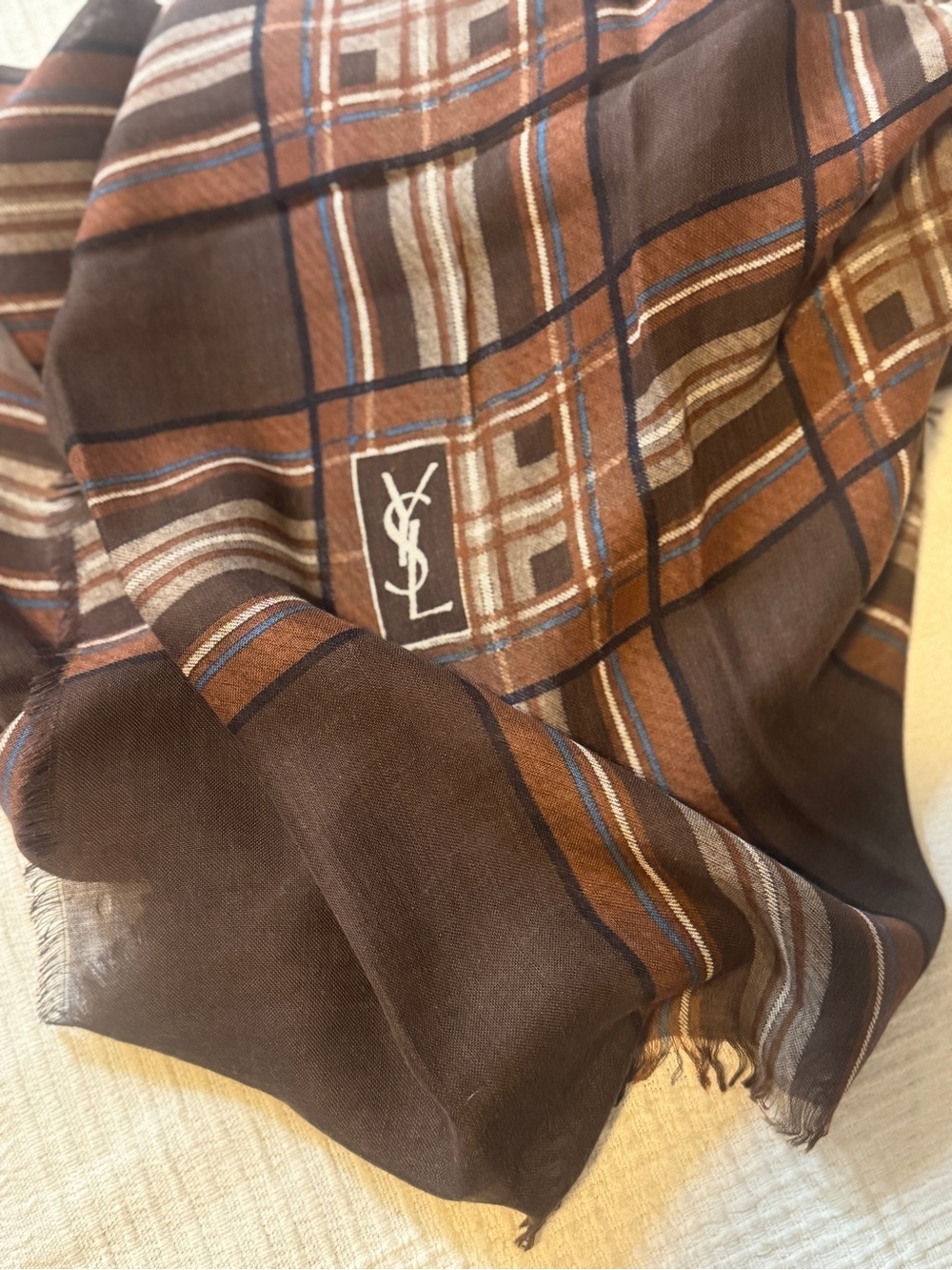 Yves Saint Laurent Vintage Brown & Rust Plaid Logo Large Square Scarf